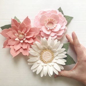 3 Large Handmade Felt Flowers: Blush, Peach, Lavender Decor