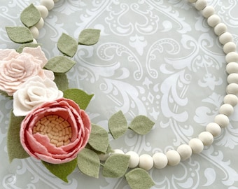 BLUSH Felt Flowers, Milestone WREATH, wood bead Wreath, boho nursery wall, pink cream gold green, handmade home