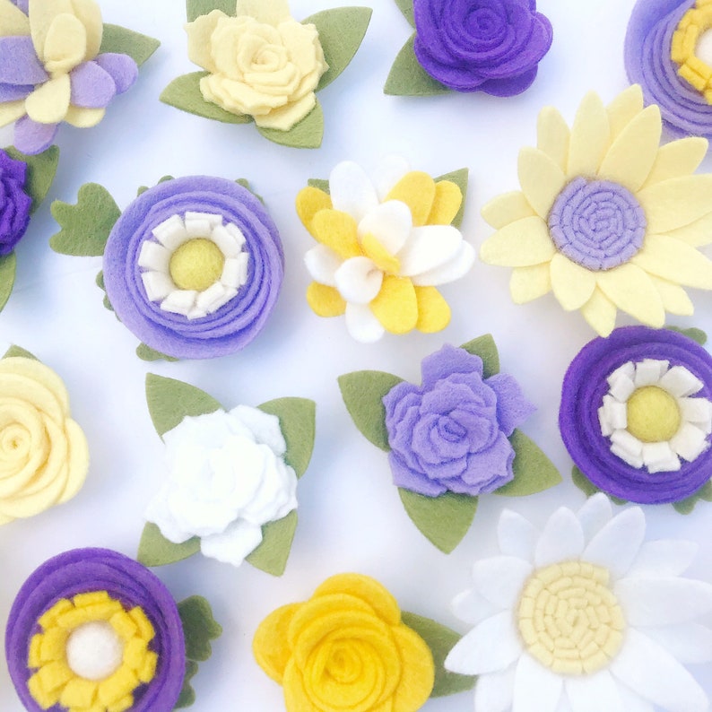 PURPLE SPRING felt flowers loose diy craft lavender white yellow daisy rose ready to use headband mobile cake signs wreath