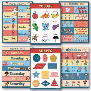 Pack de 6 carteles educativos LAMINADOS Gráficos para aulas educación temprana Alfabeto Abc, días de la semana, formas, aprender a contar meses