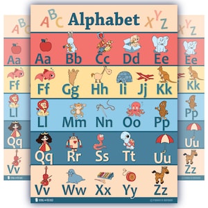 May include: A colorful alphabet chart with illustrations for each letter. The chart features a red apple, a blue bunny, a yellow car, a green dog, a purple elephant, a red fish, a green ghost, a brown horse, a yellow igloo, a red jet, a brown kangaroo, a blue lion, a green monkey, a blue needle, an orange octopus, a brown peanut, a purple queen, a red robot, a green snake, a blue turtle, a purple umbrella, a blue violin, a gray walrus, a yellow xylophone, a green yo-yo, a brown zebra, and a blue zipper.
