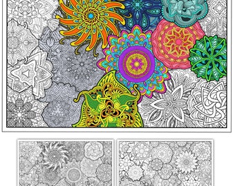 May include: A coloring book page with a detailed mandala design featuring a variety of colors, including orange, yellow, green, blue, pink, and purple. The mandala is surrounded by smaller, intricate designs.