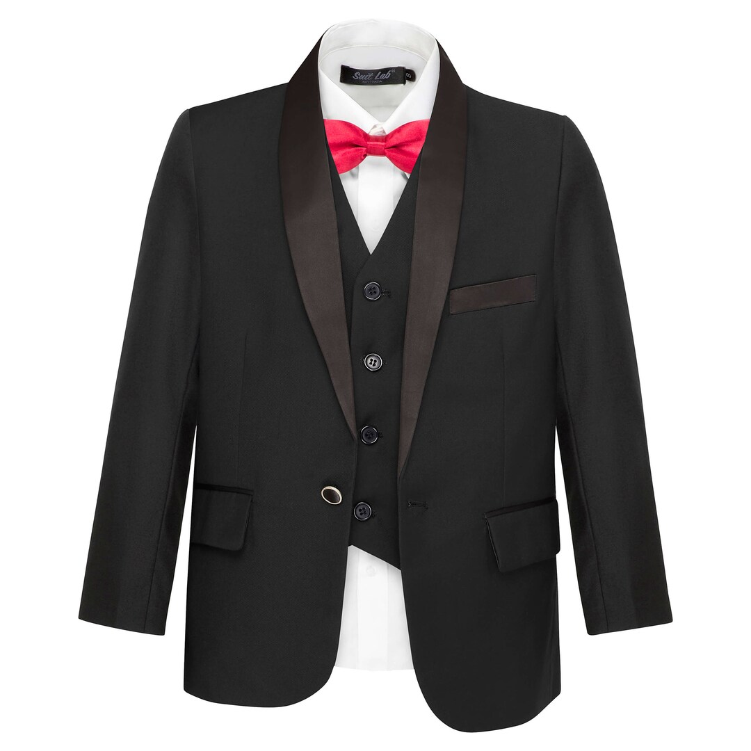 SUIT LAB - Black Satin Lapel Formal Tuxedo Boys Suit SUIT LAB - Black Satin Lapel Formal Tuxedo Boys Suit