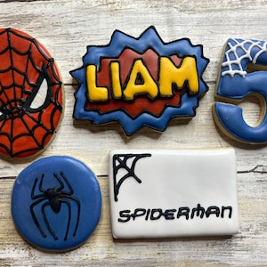 Spiderman Inspired Birthday Cookies, boys birthday theme, super hero, custom cookies, decorated sugar cookies, party favor, birthday gift