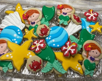 Little Mermaid Sugar Cookies, Birthday Party Favors, girl, one dozen