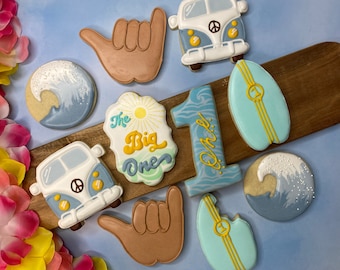 The Big ONE Surfing Birthday Cookie Set, child’s celebration, custom cookies, party theme, party favor, groovy cookies, first birthday,