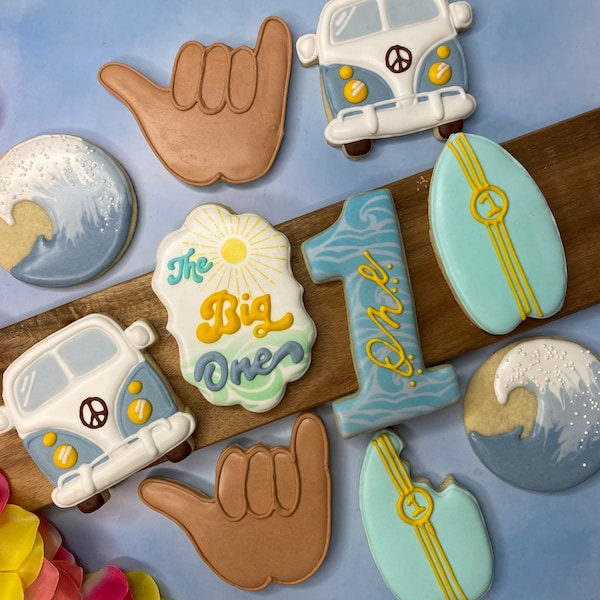 The Big ONE Surfing Birthday Cookie Set, child’s celebration, custom cookies, party theme, party favor, groovy cookies, first birthday,