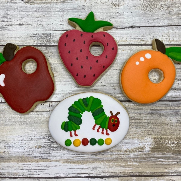 The Very Hungry Caterpillar Cookie Set, birthday or shower cookies, party favors, children's book, fruit cookies, Eric Carle theme