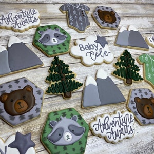 Adventure Awaits Baby Shower Cookie, decorated cookies, baby gift, party favor, custom baby shower, popular shower theme, Woodland animals