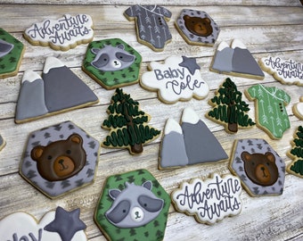 Adventure Awaits Baby Shower Cookie, decorated cookies, baby gift, party favor, custom baby shower, popular shower theme, Woodland animals