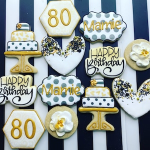 80th Birthday Celebration, custom adult birthday cookies, happy birthday, birthday year and color customizable