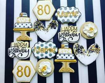 80th Birthday Celebration, custom adult birthday cookies, happy birthday, birthday year and color customizable