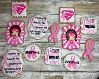 Breast Cancer Awareness Cookies, cancer messed with the wrong girl, super girl, survivor, fighter, cancer support,