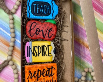 Teacher Appreciation, boxed cookie, school party favors, school celebration, end of the year gift, teach, love, inspire, repeat, inspiration