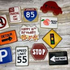 16th Birthday Cookie Set, new driver, road sign cookies, teenage cookies, customizable cookies, sweet sixteen, driver&#39;s license, new car