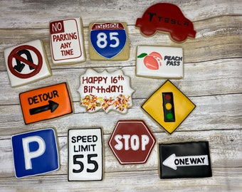 16th Birthday Cookie Set, new driver, road sign cookies, teenage cookies, customizable cookies, sweet sixteen, driver's license, new car