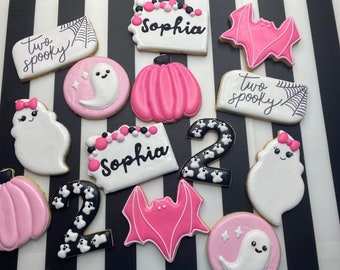 Two Spooky Birthday Cookies, halloween party, girl's birthday cookies, customizable birthday cookies, pink colored fall party, pink pumpkin