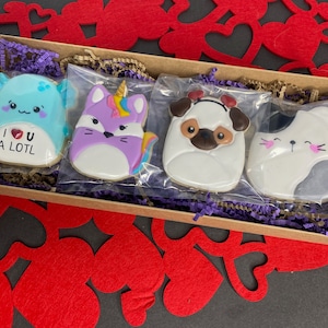 Squish-ies Boxed Cookie Set, decorated Squish Mallow inspired sugar cookies, Valentine&#39;s Day gift, popular character