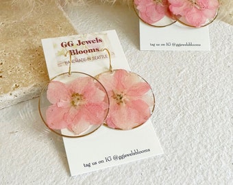 Pressed flower- pink larkspur flower earrings -flower jewelry -gift for her-  earrings gift for her- dangle handmade earrings