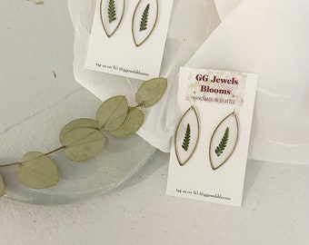 fern leaf earrings -botanical jewelry-gift for her- nature preserved earrings handmade gift for her- brass marquee earrings