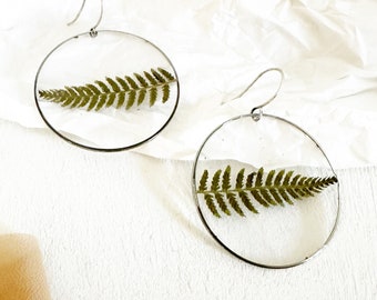 fern leaf earrings -XL botanical jewelry-gift for her- nature preserved earrings handmade gift for her- large hoop with fern