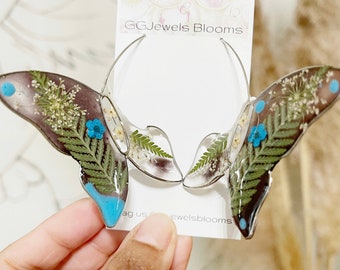 Pressed flowers- wire hoops- wire butterfly hoop earrings- handmade earrings-nickel free hypoallergenic ear wires- butterfly hoop earrings