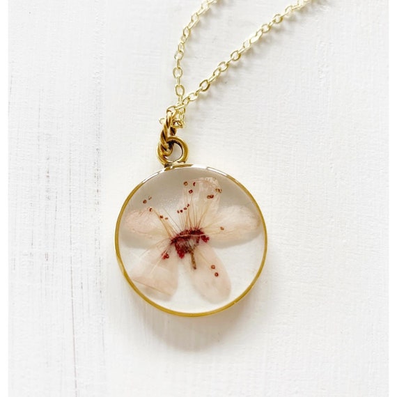 Pressed Flower Necklace -Pink Cherry Blossoms Flower Necklace in Gold or Silver 24K Gold Plated/Sterling Silver -Charm necklace-pink Flower