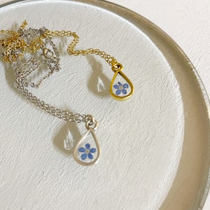 Real pressed flower necklace - forget me not flower - purple flower - dainty small necklace-gold or sterling silver -tear drop charm- gift