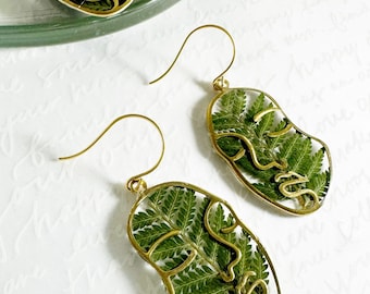 Pressed flower earrings-fern lady face earrings -drop earrings brass -nature  earrings -women accessories- gift for her