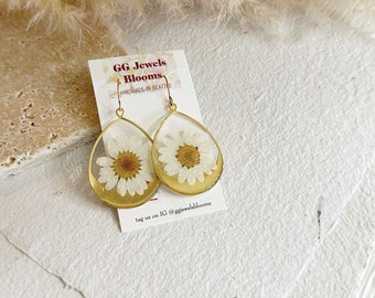 Pressed flower earrings-white Daisy   genuine flower-drop hoop earrings-tear drop-nickel free hypoallergenic ear wires - brass