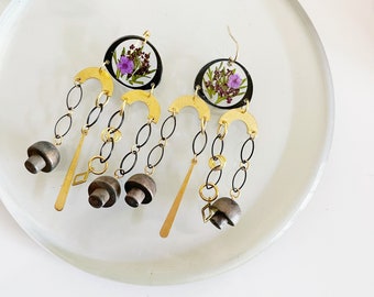 Pressed flower earrings- flowers  and mushroom -unique earrings -drop brass earrings- shiitake earrings - floral jewelry - handmade earrings