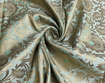 Luxurious Flower Brocade Fabric, Indian Brocade Fabric, Mint Green and Gold Fabric, Indian Brocade For Bridal Dresses Fabric By The Yards
