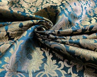 Luxurious Flower Brocade Fabric, Indian Brocade Fabric, Emerald Green and Gold Fabric, Indian Brocade For Bridal Dresses Fabric By The Yards
