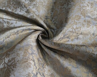 Luxurious Flower Brocade Fabric, Indian Brocade Fabric, Grey & Silver/Gold Jacquard Fabric, Brocade For Wedding Bridal Dress Fabric By Yard