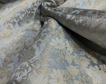 Silk Brocade Fabric By The Yards, Indian Brocade Fabric, Grey And Gold Brocade Fabric, Wedding Bridal Dress Brocade Fabric By The Yards