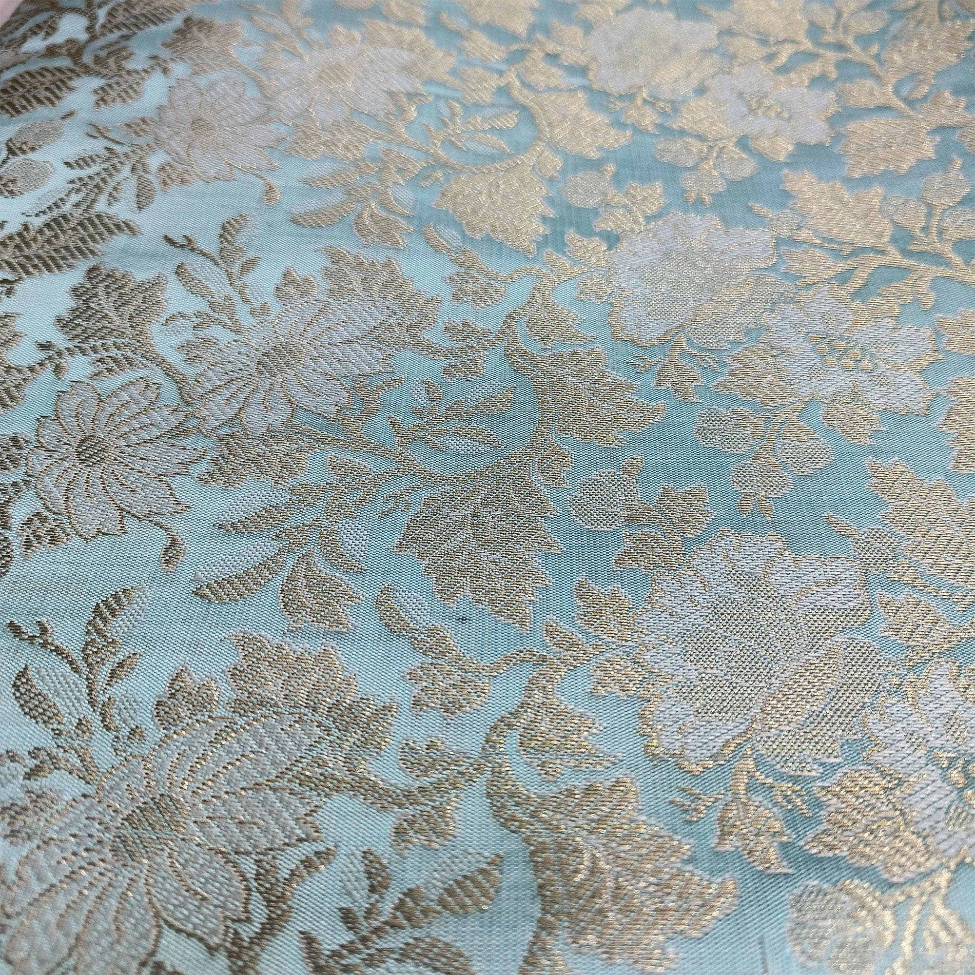 Brocade Fabric By The Yards, Indian Brocade Fabric, Aqua Blue And Gold Brocade Fabric, Wedding Bridal Dress Brocade Fabric By The Yards