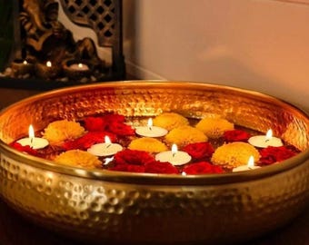 Hammered Golden Urli Bowl: Metal Indian Wedding Table Decoration (12 inch)