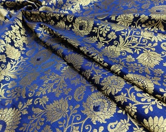 Indian Brocade Fabric Blue & Gold Jacquard Fabric, Wedding Dress Gown Saree Fabric, Indian Brocade For Wedding Bridal Dresses Fabric By Yard