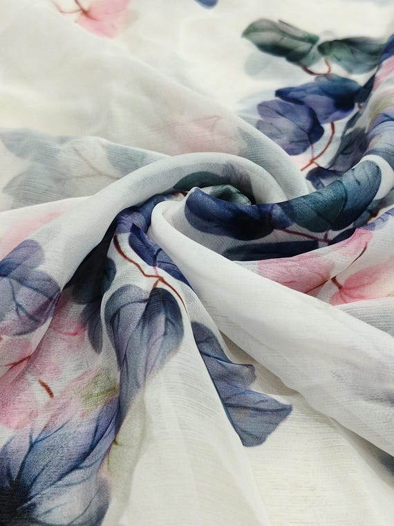 Blue Floral Silk Chiffon Fabric: Lightweight Wedding Dress Material