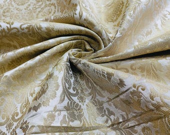 Floral Gold Metallic Brocade Fabric: Indian Banarasi Wedding Gown Saree