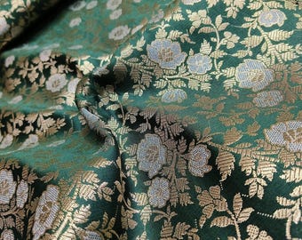 Luxurious Flower Brocade Fabric, Indian Brocade Fabric, Green & Silver/Gold Jacquard Fabric, Brocade For Wedding Bridal Dress Fabric By Yard