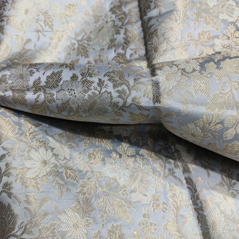 Silk Brocade Fabric by the Yards, Indian Brocade Fabric, Grey and Gold ...