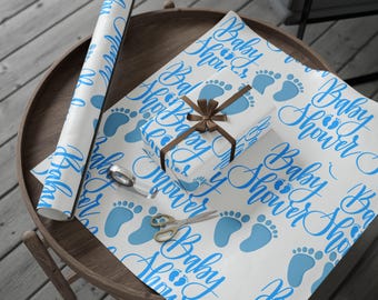 Baby Boy Shower Wrap, Blue Footprints Wrap, Wrapping Paper, Party Supplies