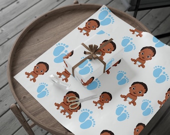 Baby Shower Wrapping Paper: Black Baby Boy, Blue Footprints