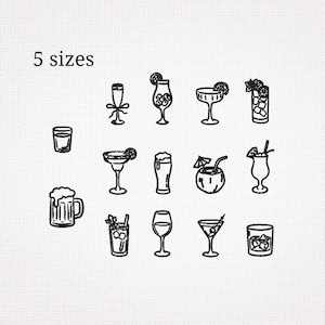 Könnte beinhalten: Eine Sammlung schwarzer Strichzeichnungen verschiedener Cocktailgläser, Bierkrüge und Trinkgefäße, darunter eine Margarita, ein Martini und ein Bierkrug. Der Text 5 sizes ist oben links auf einem weißen, strukturierten Hintergrund gedruckt.