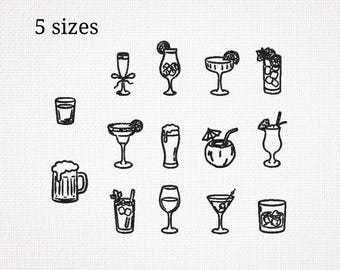 Cocktail Embroidery Bundle, Drink Doodle Outline Designs, Margarita Mojito Wine Beer Spritz Bar Icons, Trendy PES Files Set