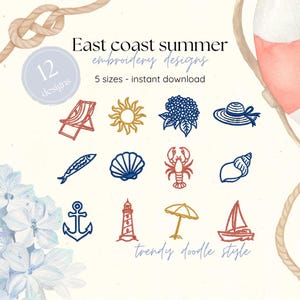 Puede incluir: Imagen con 12 diseños de bordado con temática de verano costero. Los diseños incluyen una silla de playa, sol, flor, sombrero, pez, concha, langosta, caracola, ancla, faro, sombrilla y velero. Texto: "East coast summer embroidery designs".