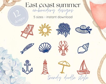 East Coast Summer Embroidery Bundle, Coastal Beach Doodle Designs, Beach Vacation Icons Embroidery, Summer Doodle Designs