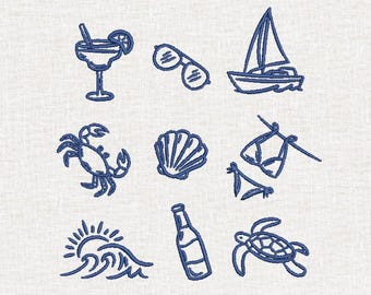 Coastal Embroidery Design Set, Beach Vacation Icons Embroidery, Summer Doodle Designs, Boat Margarita Seashell Tortoise Machine Embroidery