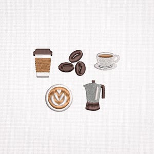 Kaffeestickmuster-Set, Mini-Kaffee-Symbole (2,5 cm), Latte-Art-Tasse, Bohnenkanne, niedliche Café-Stickdateien, kleine PES-Designs